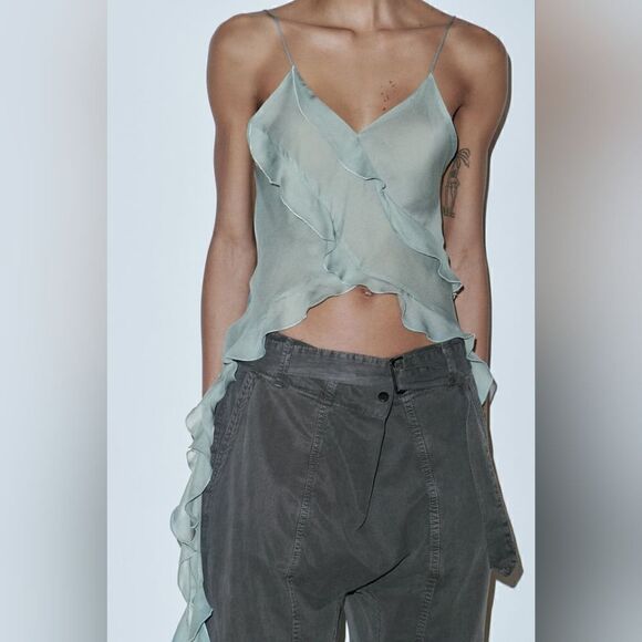 Nwt ZARA VIRAL SEMI-SHEER TANK BLOUSE ZARA EMERALD NWT - Picture 9 of 16